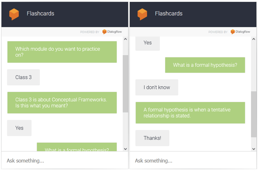 A flashcards chatbot quizzing a student on a course module and explaining what a formal hypothesis is