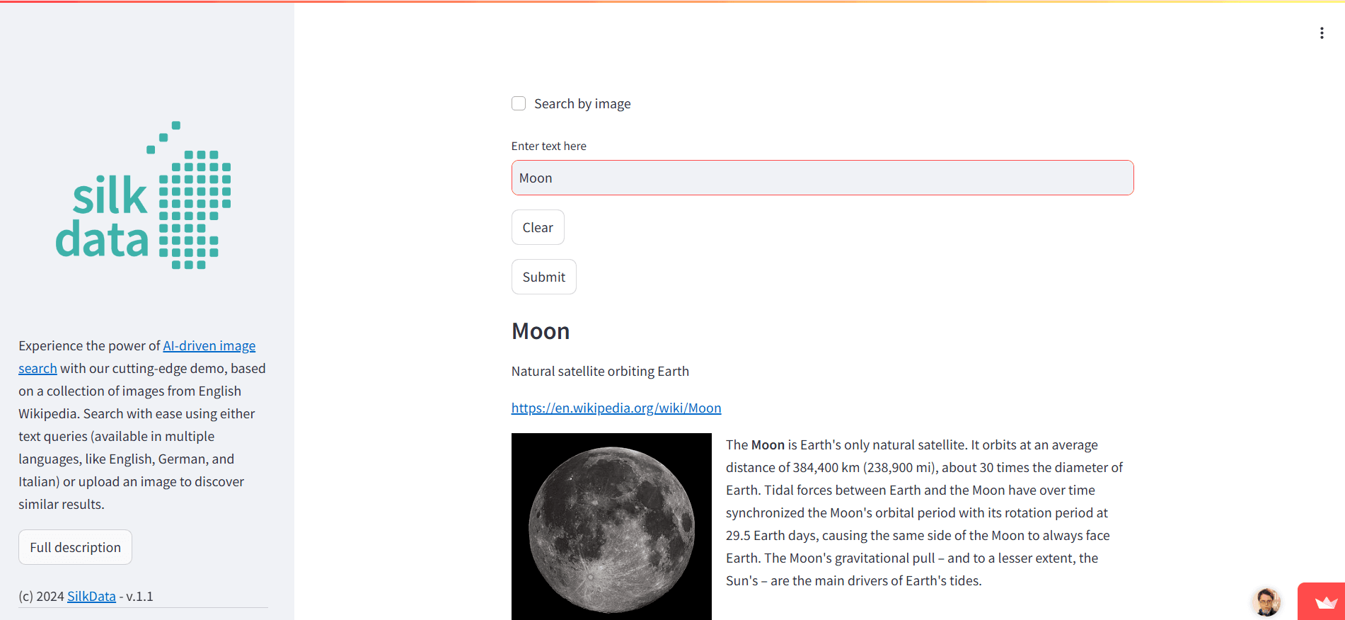 Image search demo: the query 'Moon' returns the Wikipedia article on the Moon with its photograph