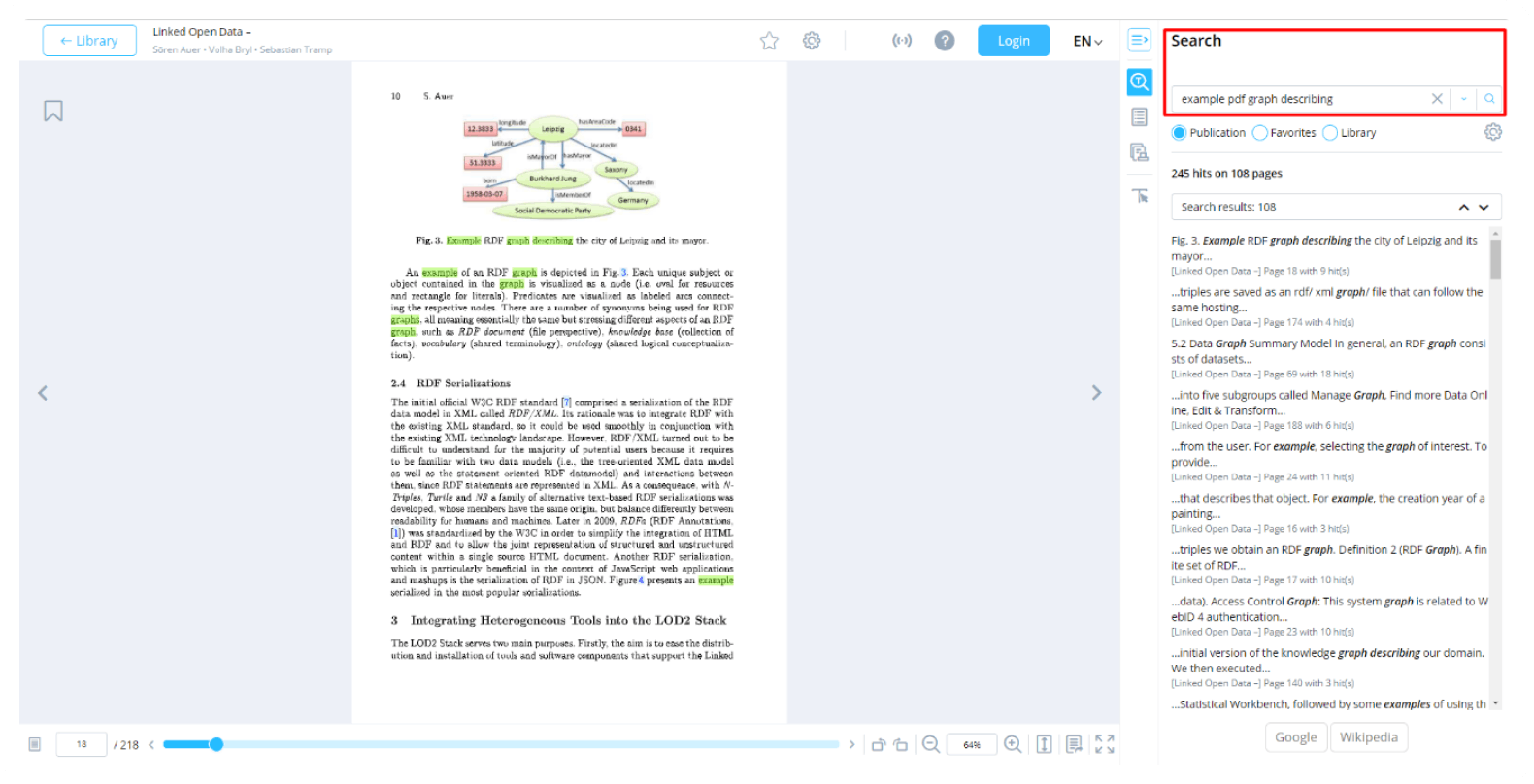 Full-text search across a publication: 245 hits on 108 pages, each shown with its page and hit count