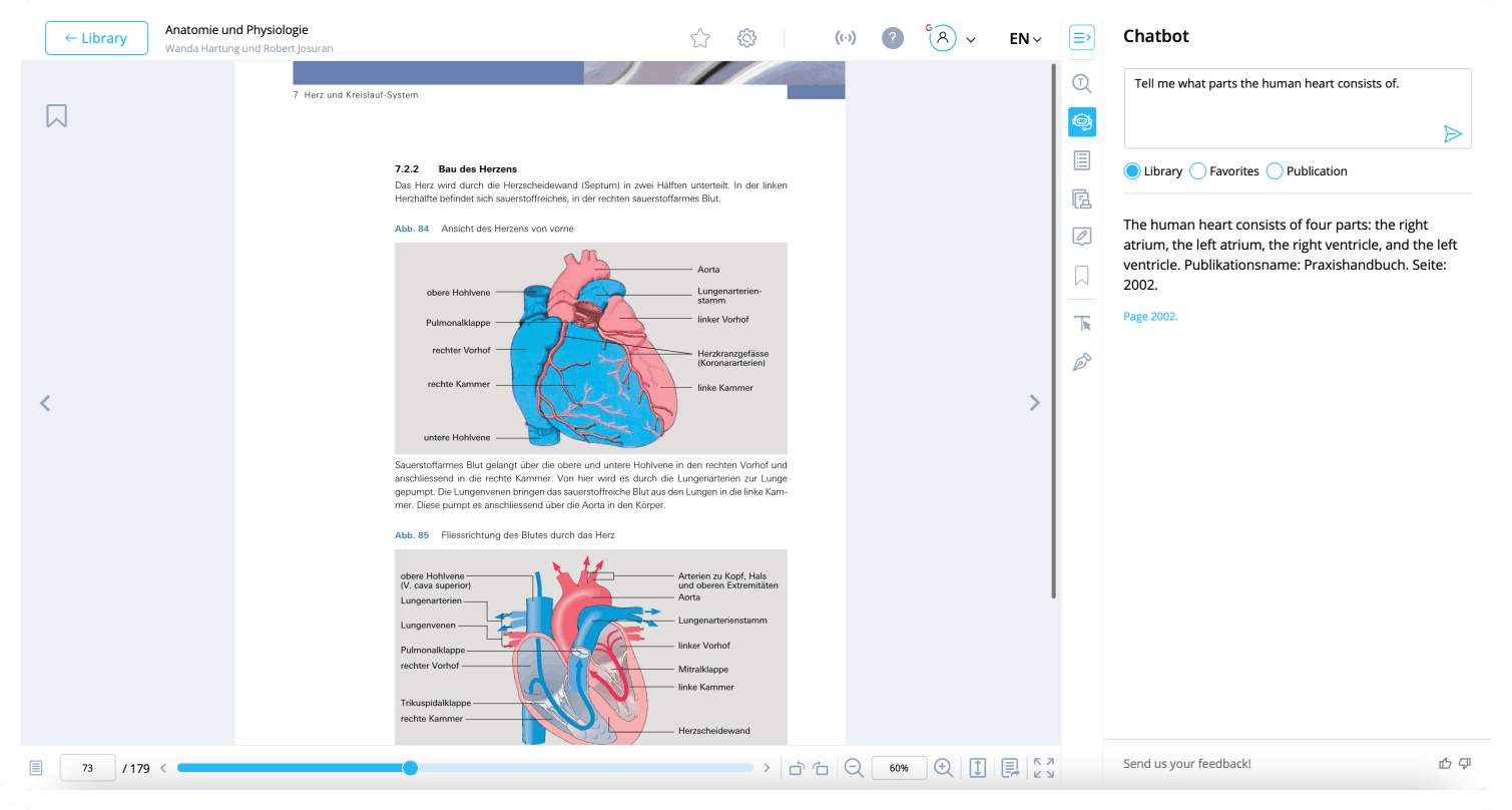 A chatbot answering what the human heart consists of, citing the handbook and the page it took the answer from