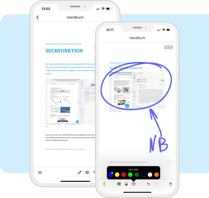 A handbook in the mobile reader, with a circled passage, a handwritten note and the colour picker open