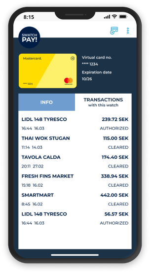 SwatchPAY! app: the card details screen with a list of recent transactions