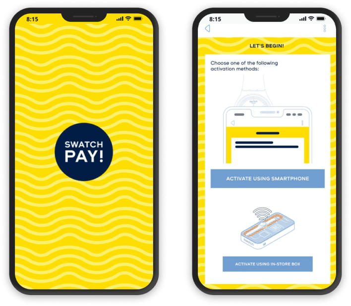 SwatchPAY! app: the onboarding screens for activating a watch as a payment device