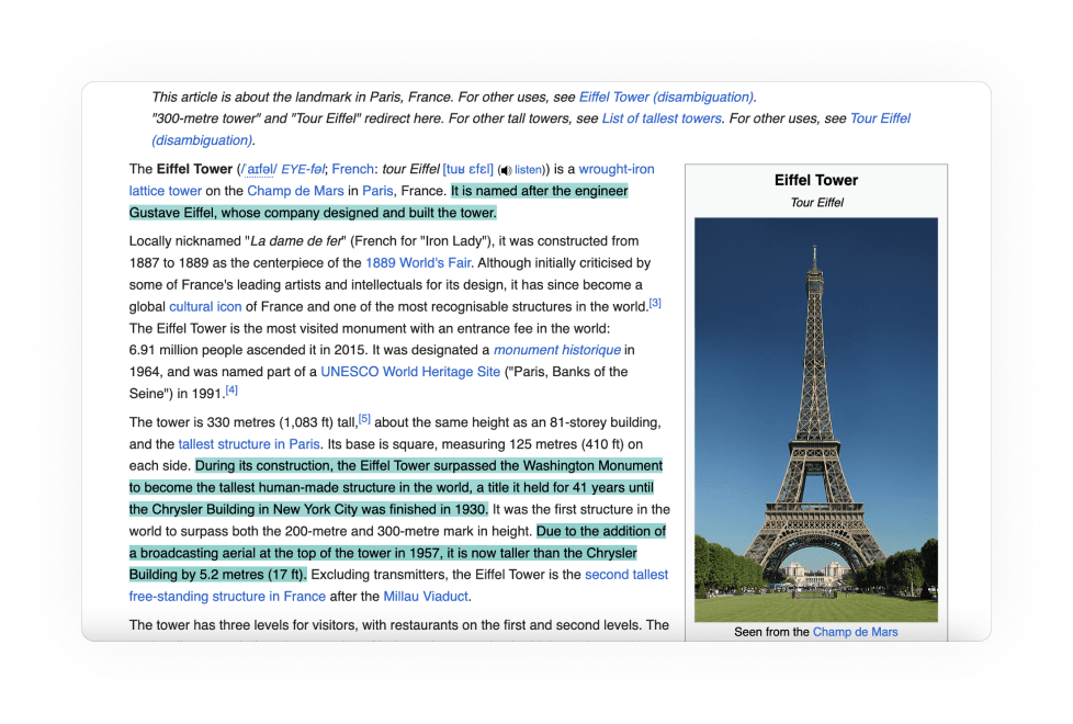 Text summarizer: a Wikipedia article on the Eiffel Tower with the sentences chosen for the summary highlighted