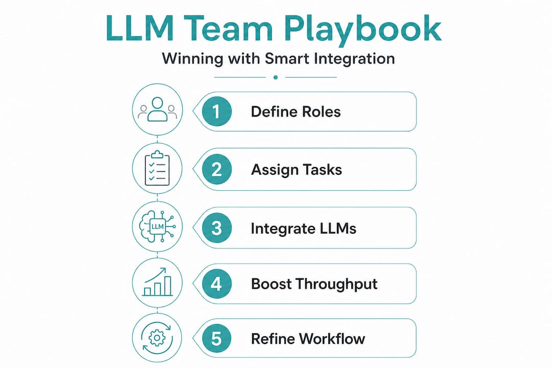 How great teams win with LLMs, not by replacing them Infographic showing steps for LLM team integration