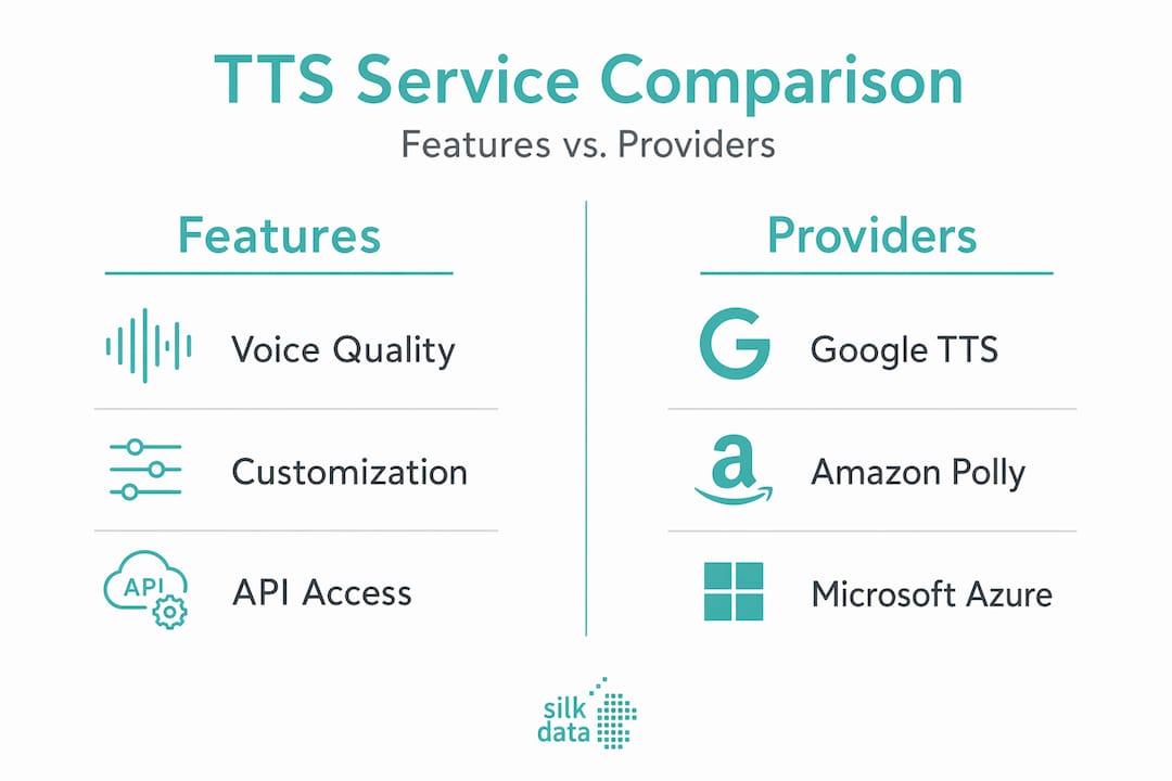 Text to Speech AI Services: A 2026 Practical Guide Infographic comparing TTS features and providers